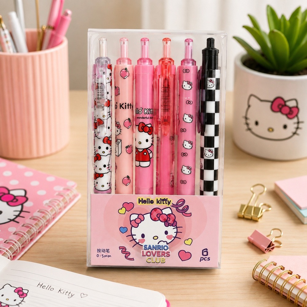 6Pcs Sanrio Hello Kitty Kuromi Gel Pen Set 0.5mm Black Ink Stationery NWT